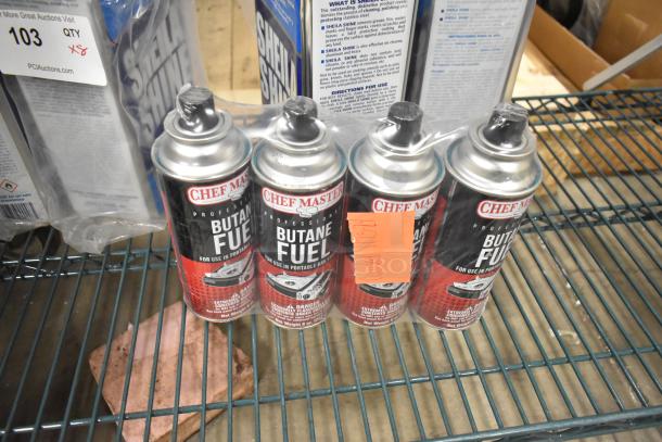 8 new items including ChefMaster Butane Fuel and Sheila Shine Polish. Packaging intact. Auction lot tag visible.