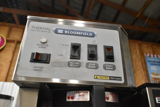 Bloomfield 8795 stainless steel iced tea machine with hot water dispenser, featuring "Ready to Brew" indicator and control switches.