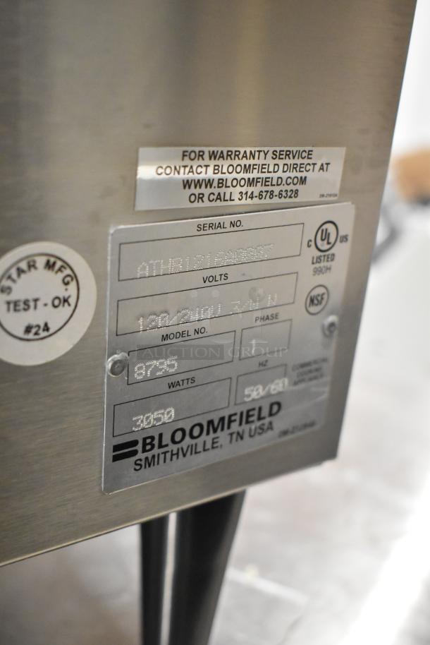 Bloomfield 8795 stainless steel iced tea machine with hot water dispenser, new condition, 120/240V, 1 phase, commercial use.