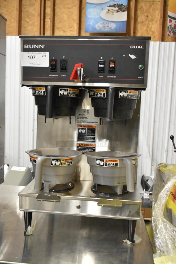 BRAND NEW 2018 Bunn DUAL Stainless Steel Commercial Double Coffee Machine with Hot Water Dispenser and 4 Poly Brew Baskets.