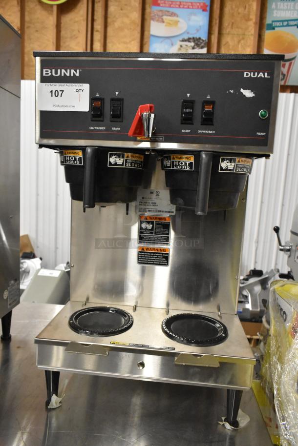 Bunn DUAL stainless steel commercial coffee machine, brand new, with hot water dispenser and 4 poly brew baskets, 120/240V.