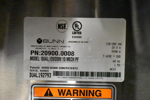 Label on Bunn DUAL coffee machine indicating model, voltage, and serial number DUAL192793, with NSF and UL certifications.
