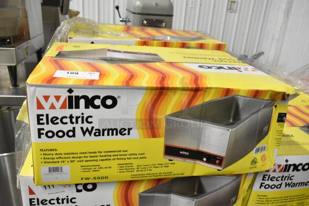 Winco FW-S500 stainless steel countertop food warmer, brand new in box. Features: 120 volts, 1 phase, commercial use.