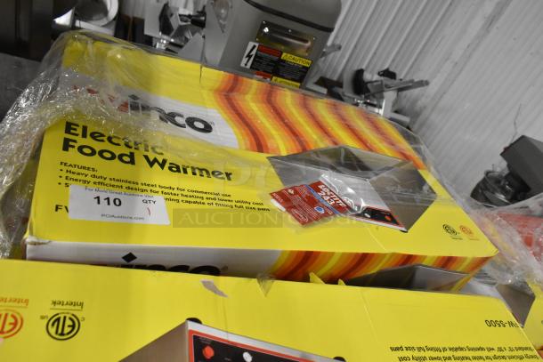 Brand new Winco FW-S500 stainless steel countertop food warmer in box; 120 volts, 1 phase, features for commercial use.