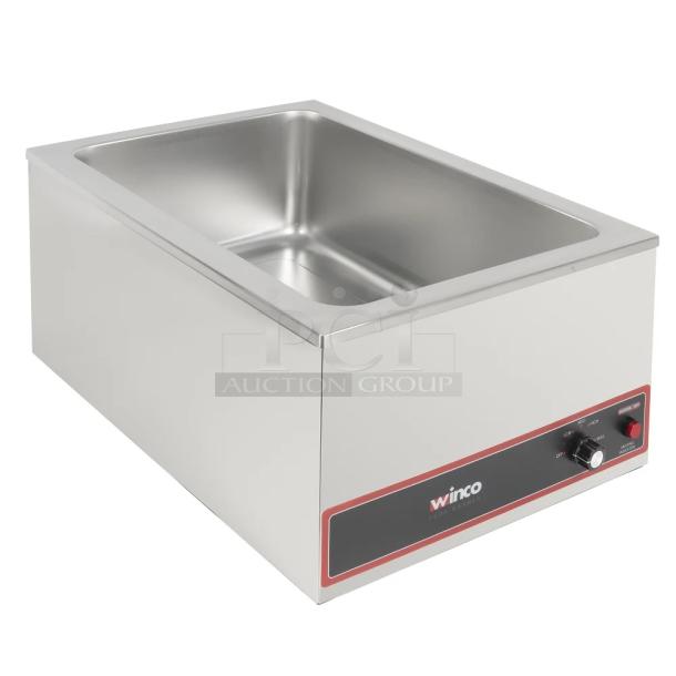 Winco FW-S500 stainless steel countertop food warmer, brand new in box, 120 volts, 1 phase, with temperature control knob.