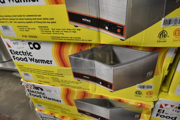 Brand new Winco FW-S500 stainless steel countertop food warmer in box. 120 volts, 1 phase. Ideal for commercial use.