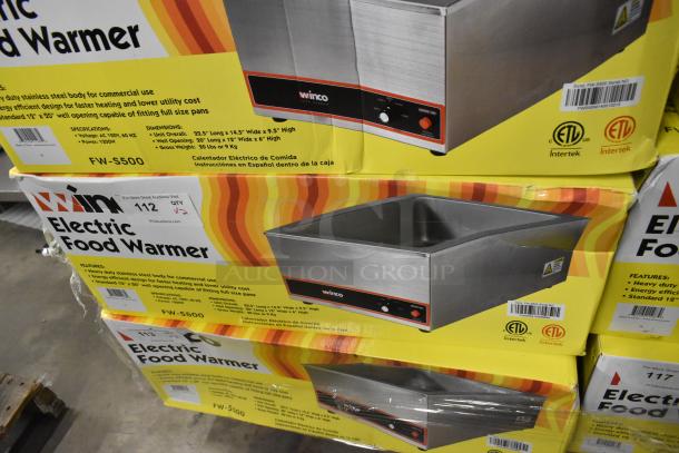 Winco FW-S500 stainless steel countertop food warmer in box, 120 volts, new condition, includes energy-efficient design features.