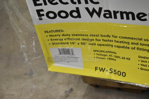 Winco FW-S500 stainless steel countertop food warmer in box, 120V, 1200W. Features include efficient heating, 12"x20" well.