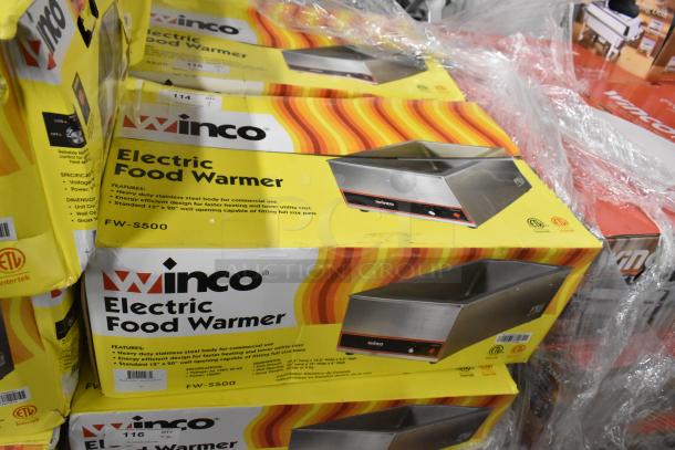 New Winco FW-S500 Stainless Steel Food Warmer in box, 120V, features durable commercial build, energy-efficient design.