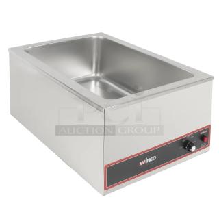 Brand new Winco FW-S500 stainless steel countertop food warmer, 120V, 1-phase. Features dial controls and temperature settings.