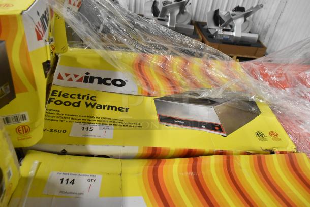 Winco FW-S500 stainless steel countertop food warmer, new in box, 120 volts, 1 phase, features energy-efficient design.