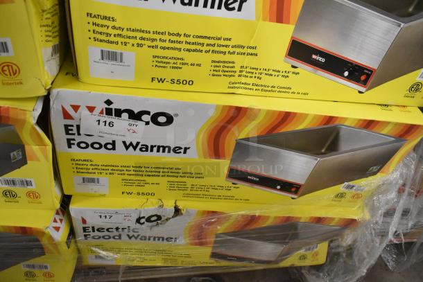 2 brand new Winco FW-S500 stainless steel countertop food warmers in box. 120V, durable design, holds full-size pans.