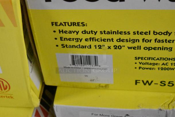 Winco FW-S500 stainless steel food warmer, new in box. Features: heavy-duty body, energy-efficient design, 120V, 1200W.