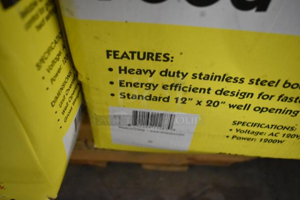 Winco FW-S500 stainless steel countertop food warmer box, features energy-efficient design and 12"x20" well. New condition.