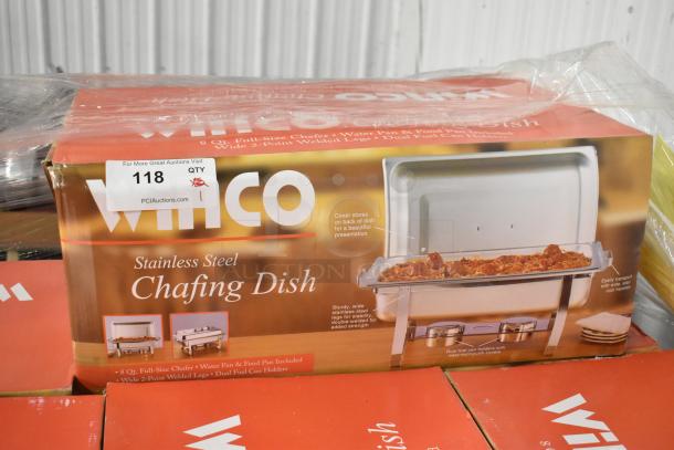 BRAND NEW Winco C-3080B stainless steel full-size chafer in original packaging. 8 Qt capacity, dual fuel holders.