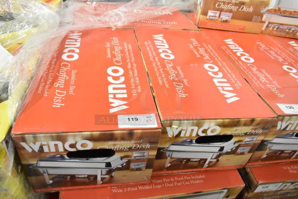 3 brand new Winco C-3080B stainless steel chafers in boxes. Full-size, durable design, ideal for catering.