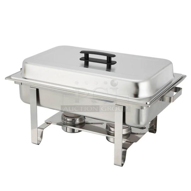 Brand new Winco C-3080B stainless steel full-size chafer. Includes two fuel holders, hinged lid, sturdy frame.