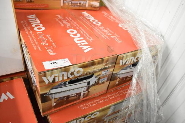 Winco C-3080B stainless steel full-size chafers, brand new in box. Includes water pan, food pan, dual fuel holders, set of three.