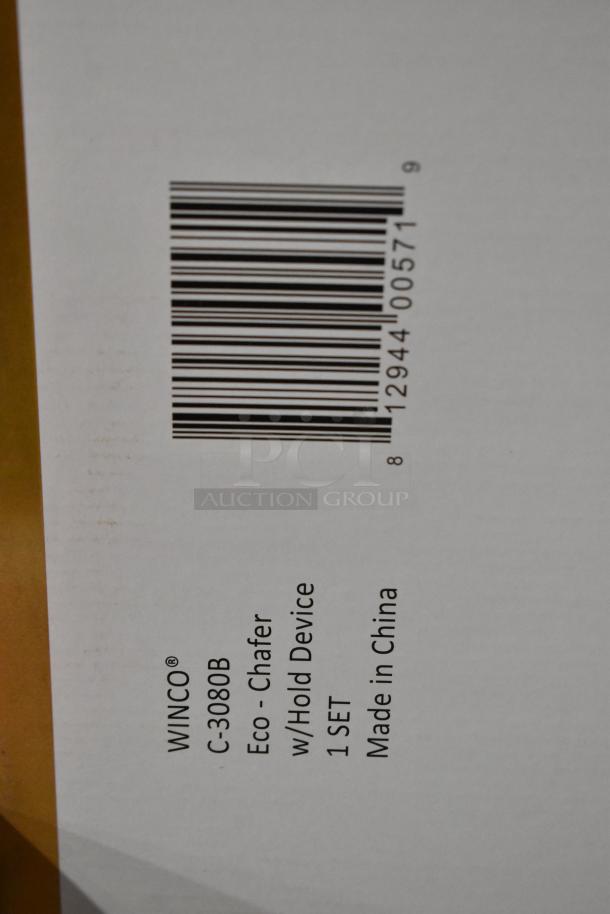 Winco C-3080B stainless steel full-size chafer, new in box. Includes hold device. Model details and barcode visible.
