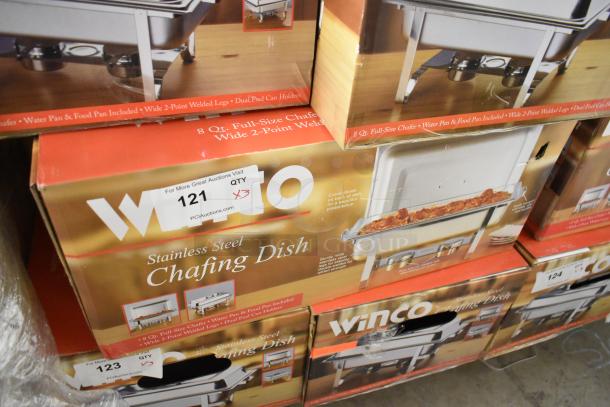 Winco C-3080B stainless steel chafing dish, new in box, features full size, 8 qt capacity, wide 2-point welded legs, dual fuel can holders.