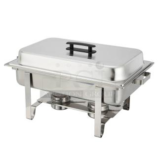 Brand new Winco C-3080B full-size stainless steel chafer, pristine condition, with dual fuel holders and black handle.