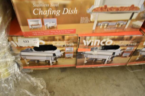 Three new Winco C-3080B stainless steel full-size chafers in original boxes, featuring water and food pans.