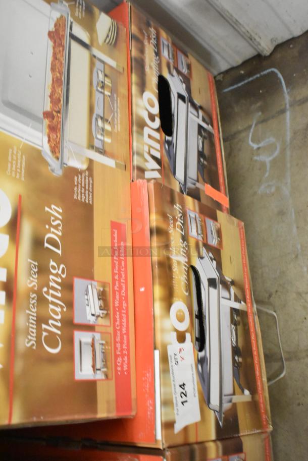 Three new Winco C-3080B stainless steel full-size chafers in boxes. Includes water pan and food pan. Box labels visible.