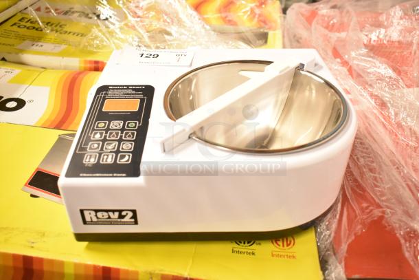 BRAND NEW ChocoVision C116USREV2WHI Revolation 2 Tempering Machine, 1.5 lb. capacity, 110V, minor scratches, tags visible.