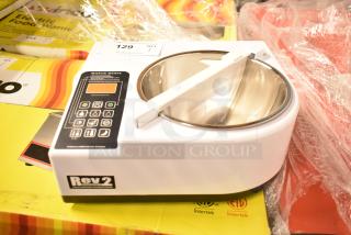 BRAND NEW ChocoVision C116USREV2WHI Revolation 2 Tempering Machine, 1.5 lb. capacity, 110V, minor scratches, tags visible.