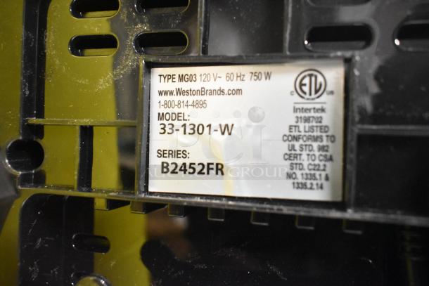 Weston Pro Series #12 Electric Meat Grinder, model 33-1301-W, 120V, 1 Phase. Label shows ETL listed. Scratch and dent condition.