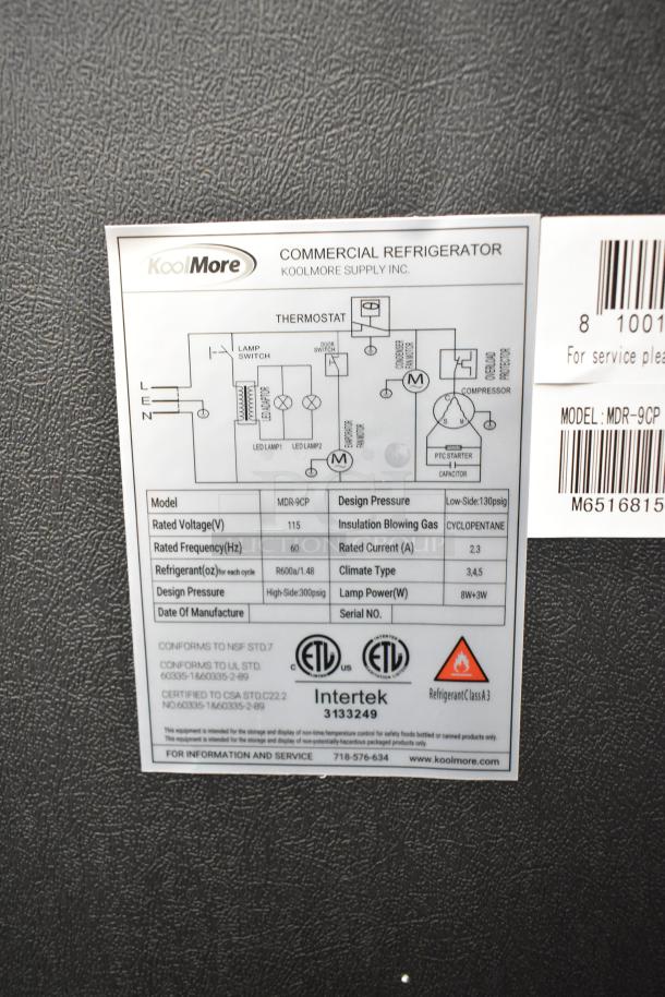KoolMore MDR-9CP label details: commercial fridge, 115V, R600a refrigerant, certified by ETL, Intertek. New condition.