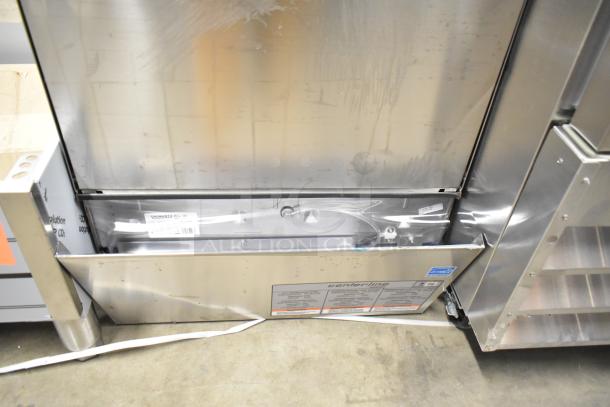 Brand new Hobart CUH-1 undercounter dishwasher, stainless steel, scratch and dent, 208-240V, 1 phase, visible labels.