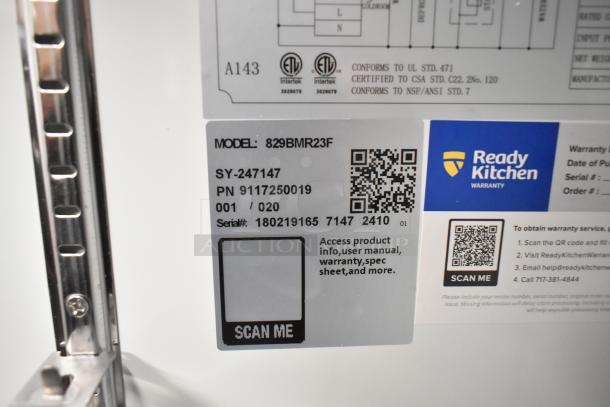 Mainstreet 829BMR23F stainless steel freezer label showing model, serial number, and QR code for product access.