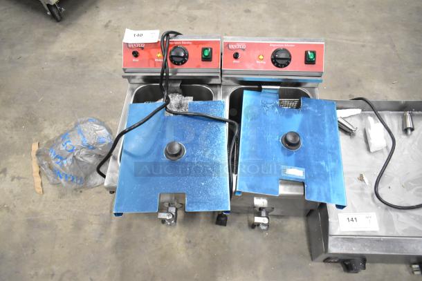 Brand new Avantco F202 dual tank fryer, 30 lb. capacity, with metal lids and baskets. 208-240V, medium-duty, minor scratches.