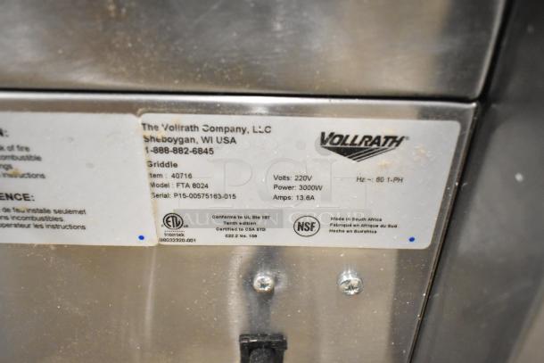 "Vollrath Cayenne FTA 8024 stainless steel griddle label, model 40716, 220V, 3000W, NSF certified, scratch and dent condition."