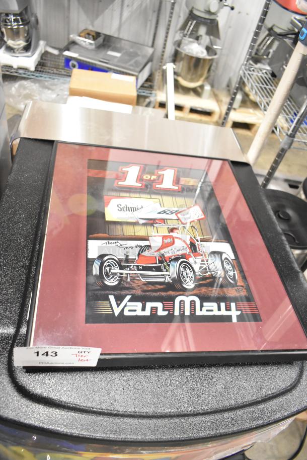 Framed "1 of 1" Van May racing print with signatures, mounted on a red mat. Label: "143 QTY Tier Lot."