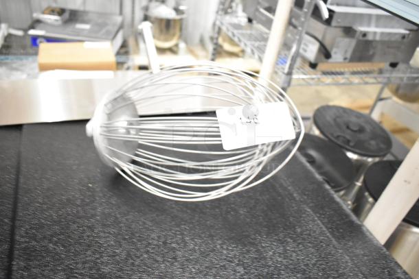 Metal whisk attachment for Hobart mixer, features steel wires, label marked "146," in excellent condition.