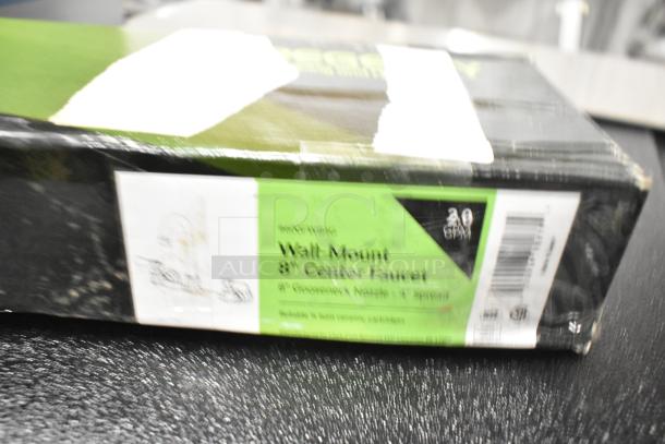 New Regency Wall Mount Faucet box with 3.5" swivel gooseneck spout, 8" centers. Label shows model 600FW84G, 2.0 GPM.