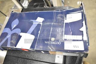 Brand new Waterloo 750PRD8X pre-rinse faucet in damaged box, featuring 1.15 GPM, deck-mounted with 8" centers.