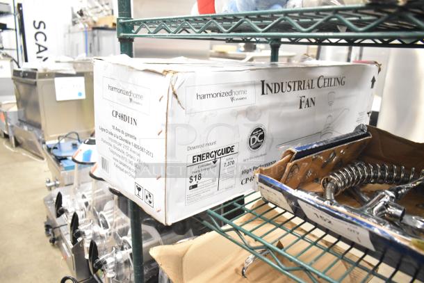 BRAND NEW Canarm 48" white industrial ceiling fan, model CP48D11N, 7370 CFM. Box shows wear. Energy-efficient, 120V, 1 Phase.
