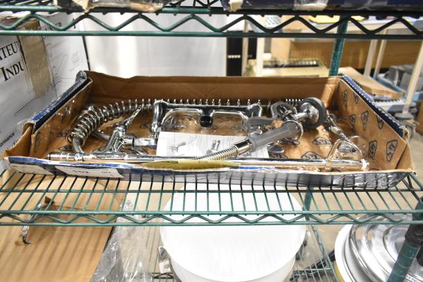 BRAND NEW T&S MPY-8WLN-12-CR wall-mounted mini pre-rinse faucet, 22 1/4" high, with 12" add-on, 24" hose, in box.