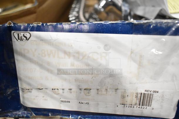 BRAND NEW T&S MPY-8WLN-12-CR wall-mounted faucet with 12" add-on, 24" hose, low-flow spray valve, visible box wear.