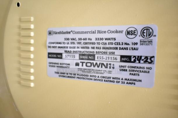 RiceMaster Town 57155 commercial rice cooker label, 110 cup capacity, 230 volts, 3330 watts, model 57155, serial E55-21156.
