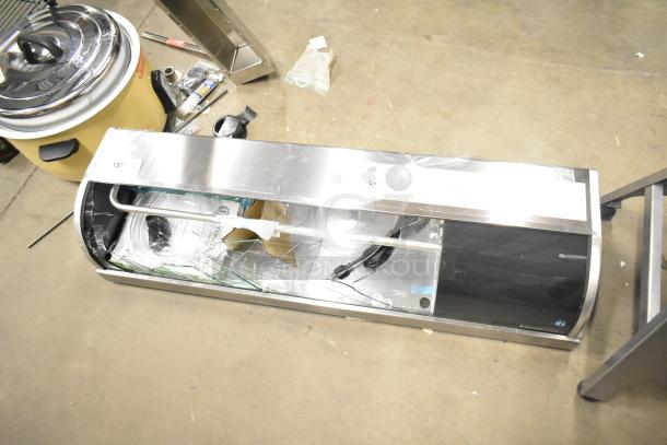 2022 Hoshizaki HNC-120BA-R-SLH stainless steel sushi display case, 47", right side compressor. Glass damage visible.