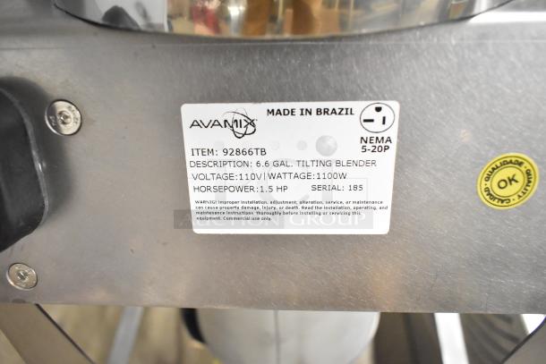 AvaMix 92866TB 6.6-gallon metal commercial tilting blender, 110V, 1.5 HP. Brand new with scratch and dent. Made in Brazil.