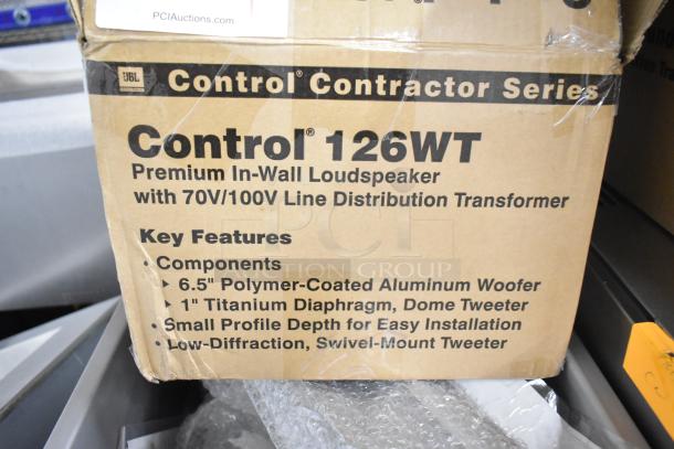 Box of JBL Control 126WT in-wall loudspeaker. Features: 6.5" aluminum woofer, 1" titanium tweeter, 70V/100V transformer.