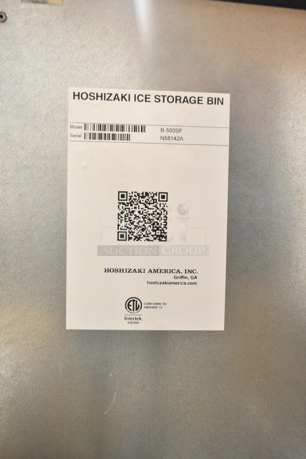 2024 Hoshizaki B-500SF stainless steel commercial ice bin, brand new with scratches, model label visible.