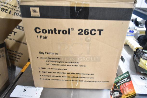 Box of Control 26CT In-Wall Loudspeakers; new condition, features polypropylene woofer, titanium tweeter, includes installation hardware.