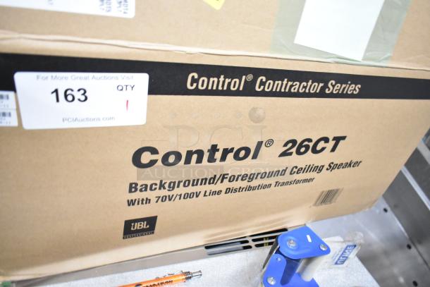 Box of Control 26CT Ceiling Speakers, Control Contractor Series, new condition, by JBL, features 70V/100V distribution.