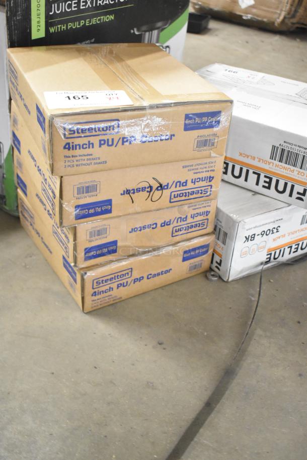 Stack of four Steelton 465CASTER4 boxes containing 4" poly casters; two have brakes. New with minor scratches and dents.